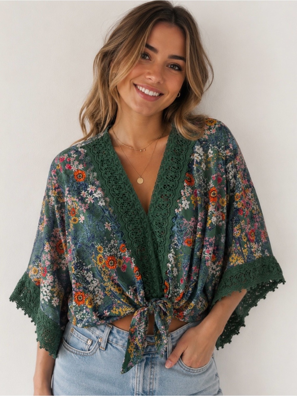 Boho greenFloral Lace Trim Kimono Sleeve Tie Front Top Cottagecore blouse size L